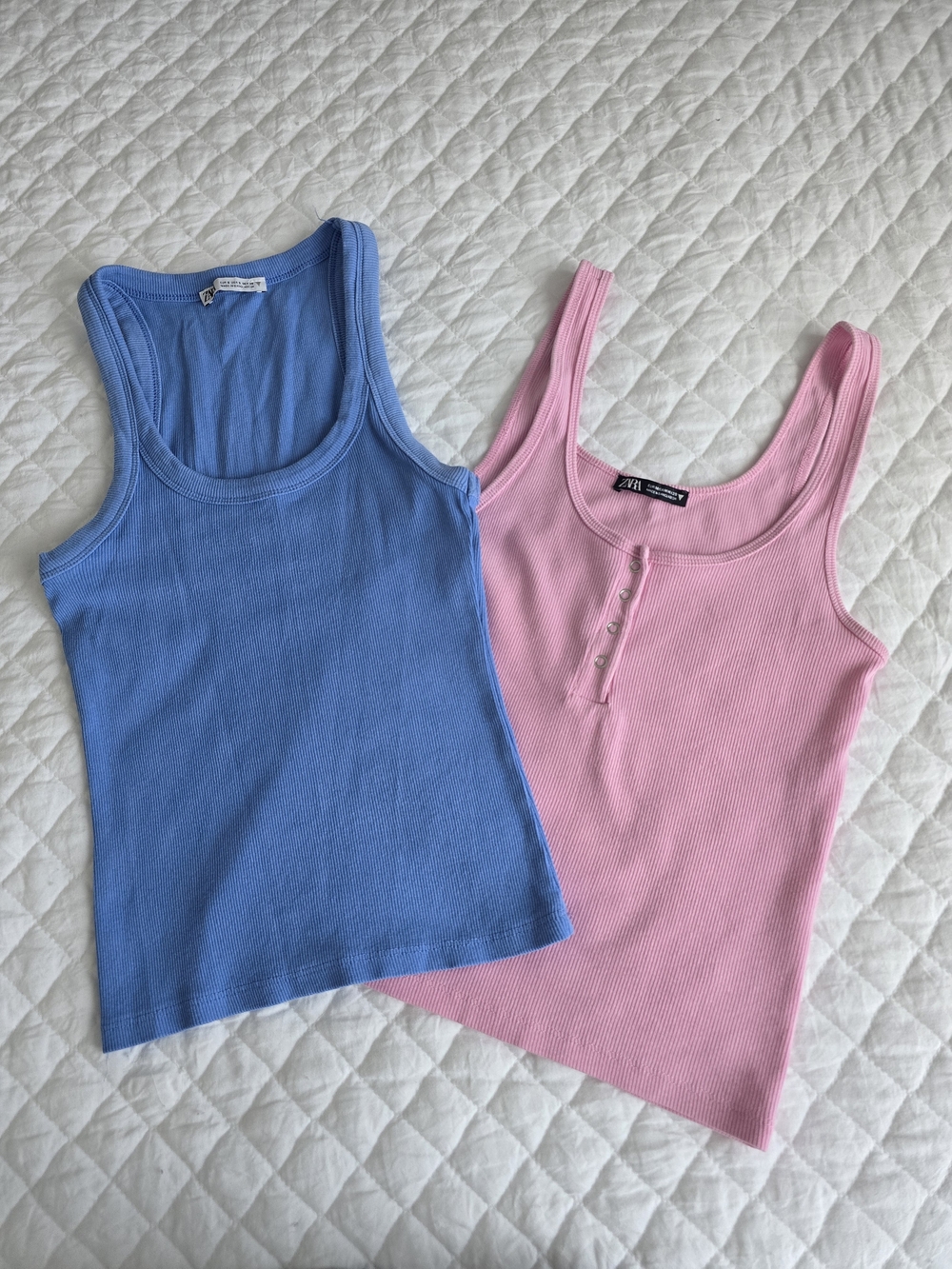 2 ZARA Blue and Pink Ribbed Tank Tops, Button-Front Pink Cotton
